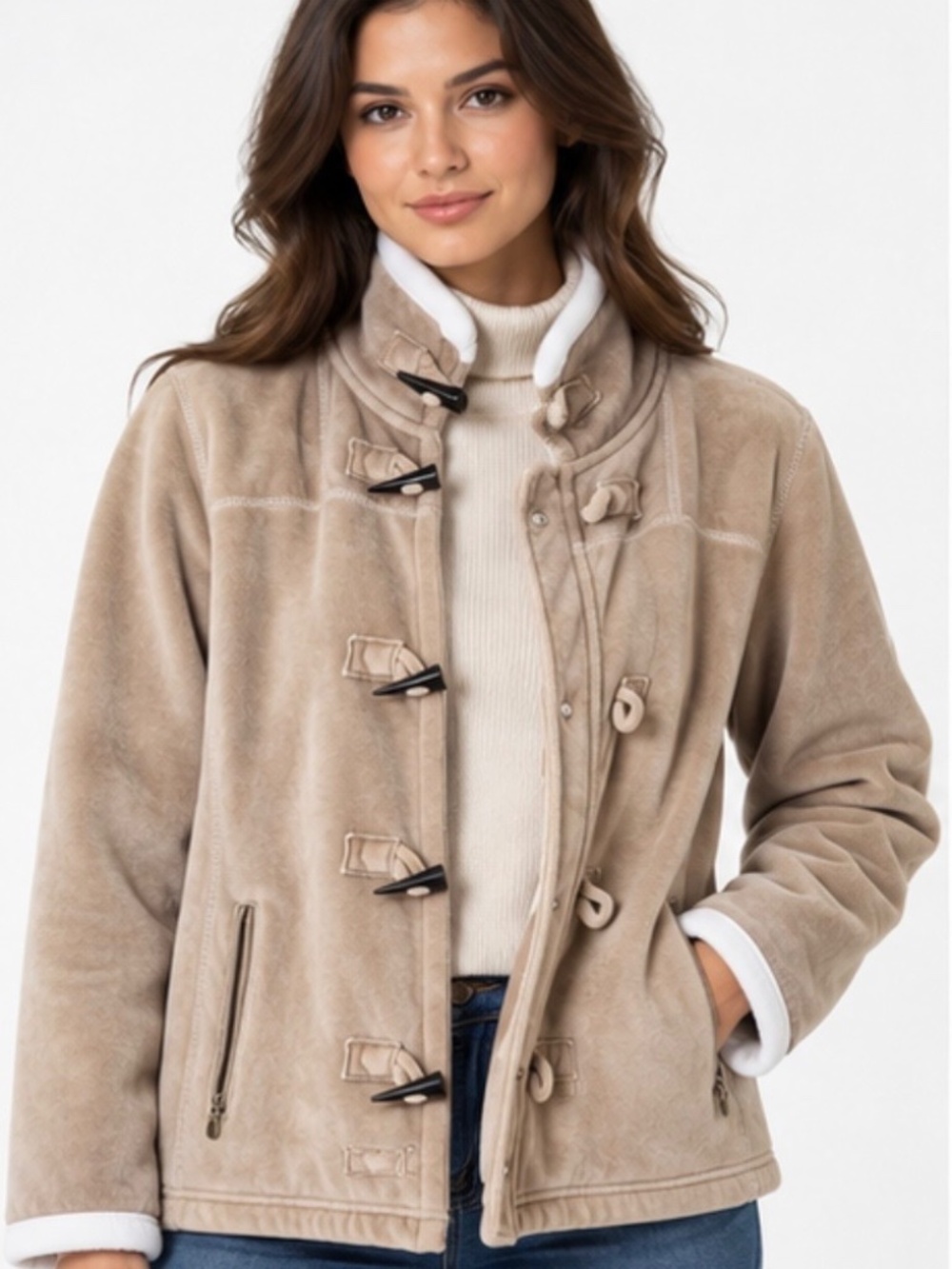 St. Étice Toggle Jacket Size L Beige Faux Suede Fleece Lined Coat